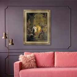 «Призвание Михаила Федоровича Романова на царство 14 марта 1613 года. Не позднее 1800» в интерьере гостиной с розовым диваном