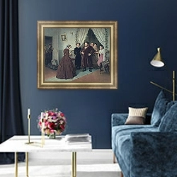 «Приезд гувернантки в купеческий дом. 1866» в интерьере в классическом стиле в синих тонах