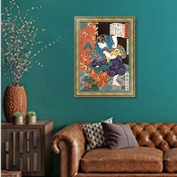 «Храмовый паж Сирагикумару борется с Зеленым демоном» в интерьере гостиной с зеленой стеной над диваном