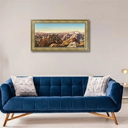 «Панорама с горы Мангарт в Юлийских Альпах 2» в интерьере современной гостиной с синим диваном