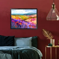 «Bright duet of poppies and lavender» в интерьере спальни с акцентной стеной