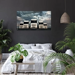 «Ряд грузовых автомобилей» в интерьере современной спальни с черными стенами