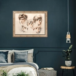 «Études de cinq tête de femme» в интерьере классической спальни с темными стенами