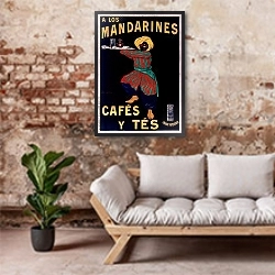 «A los Mandarines cafés y tés envase patentado» в интерьере гостиной в стиле лофт над диваном