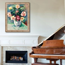 «Bouquet De Roses Dans Un Vase Blanc» в интерьере классической гостиной над камином
