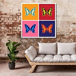 «Иллюстрация с бабочками в стиле поп-арт» в интерьере гостиной в стиле лофт над диваном