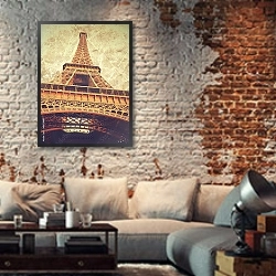 «Франция, Париж. Эйфелева башня в стиле винтаж №2» в интерьере гостиной в стиле лофт с кирпичной стеной