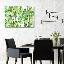 «Светло-зеленые листья банана » в интерьере современной столовой с черными креслами