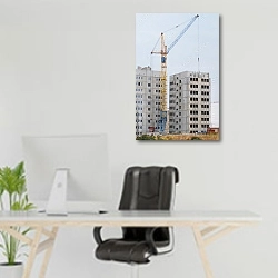 «Кран на фоне строящихся панельных многоэтажек» в интерьере офиса над рабочим местом