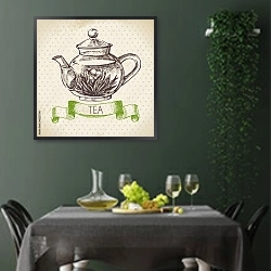«Иллюстрация с чайником» в интерьере столовой в зеленых тонах