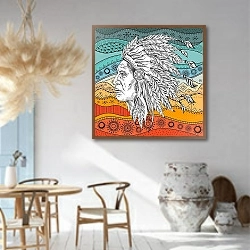 «Голова индейца на этническом узоре» в интерьере столовой в этническом стиле