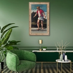 «Ловчий» в интерьере гостиной в зеленых тонах