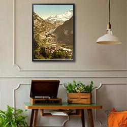 «Швейцария. Гриндельвальд, отель Барен в горах» в интерьере комнаты в стиле ретро с проигрывателем виниловых пластинок