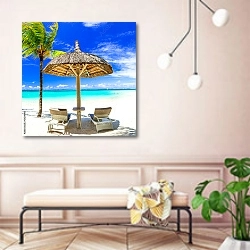 «Белый песчаный пляж и зонтик под пальмой» в интерьере современной прихожей в розовых тонах