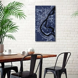 «План города Волгоград, Россия, в синем цвете» в интерьере столовой в скандинавском стиле с кирпичной стеной