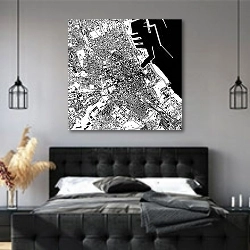 «Палермо: Черно-белая карта сердцевины Сицилии» в интерьере современной спальни с черной кроватью
