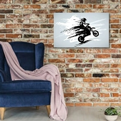 «Active man riding motobike ready for internet banners, social media banners, headers of websites, vector illustration» в интерьере в стиле лофт с кирпичной стеной и синим креслом