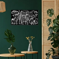 «Африканские животные и птицы на черном фоне» в интерьере в этническом стиле с зеленой стеной