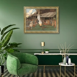 «Administering Justice in Kievan Rus’» в интерьере гостиной в зеленых тонах