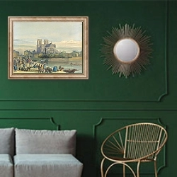 «Notre Dame, Paris» в интерьере классической гостиной с зеленой стеной над диваном