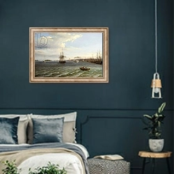 «View of Philadelphia, Looking South on the Delaware River,» в интерьере классической спальни с темными стенами