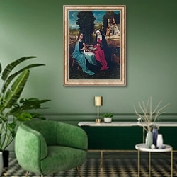 «Дева Мария с младенцем и Святой Анной» в интерьере гостиной в зеленых тонах