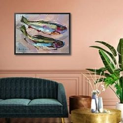 «Two Rainbow Trout» в интерьере классической гостиной над диваном