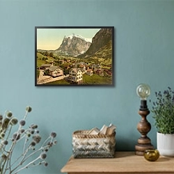 «Швейцария. Городок Гриндельвальд и гора Веттерхорн» в интерьере в стиле ретро с бирюзовыми стенами