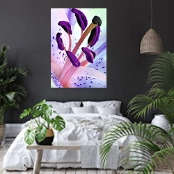 «Лиловые тычинки лилии» в интерьере современной спальни с черными стенами