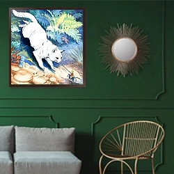 «The Story of Tom Thumb 13» в интерьере классической гостиной с зеленой стеной над диваном