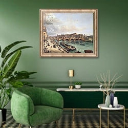 «View of Pont Neuf, 1832» в интерьере гостиной в зеленых тонах