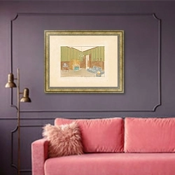 «L’Eau fraiche – maquette de décor .» в интерьере гостиной с розовым диваном