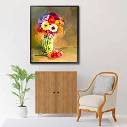 «Красочный букет цветов в стеклянной вазе» в интерьере классической гостиной над диваном
