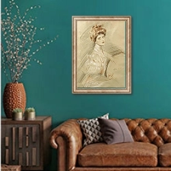 «Portrait De Femme» в интерьере гостиной с зеленой стеной над диваном