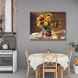 «Натюрморт с букетом подсолнухов №3» в интерьере кухни над обеденным столом