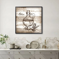«Оливковое масло в кувшине на деревянном фоне» в интерьере кухни в серых тонах