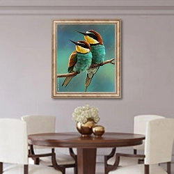 «Две птицы на ветке на голубом фоне» в интерьере столовой в классическом стиле