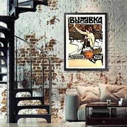 «Дореволюционная реклама 22» в интерьере двухярусной гостиной в стиле лофт с кирпичной стеной