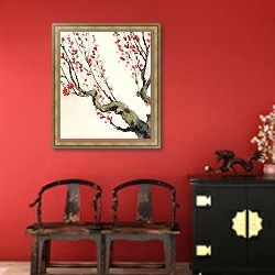 «Красные цветы на ветвях деревьев» в интерьере в этническом стиле