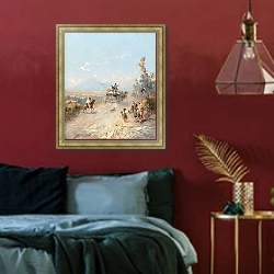 «По дороге в Помпеи, за Везувием» в интерьере спальни с акцентной стеной