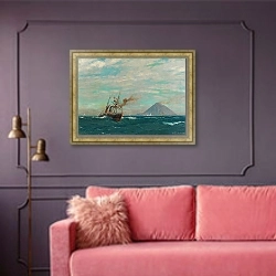 «Regatta off the Island of Stromboli» в интерьере гостиной с розовым диваном