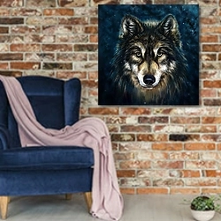 «Портрет серого волка» в интерьере в стиле лофт с кирпичной стеной и синим креслом