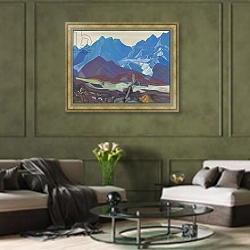 «From Beyond, 1936» в интерьере гостиной в оливковых тонах