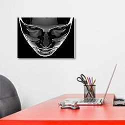 «Голова киборга на черном фоне» в интерьере офиса над рабочим местом сотрудника