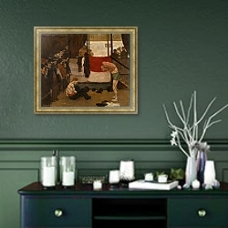 «Борцовский барак на ярмарке» в интерьере прихожей в зеленых тонах над комодом