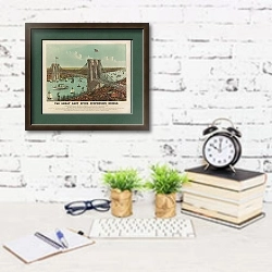 «The great East River suspension bridge» в интерьере кабинета с белой кирпичной стеной