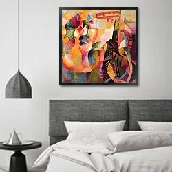 «Солнце, башня, самолет » в интерьере спальне в стиле минимализм над кроватью