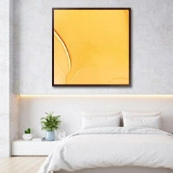 «Abstract yellow ink art 1» в интерьере светлой минималистичной спальне над кроватью