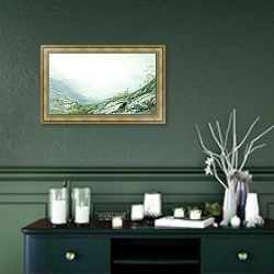 «The Mount Washington Range, from Mount Kearsarge» в интерьере прихожей в зеленых тонах над комодом