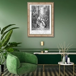 «The Family, engraved by Pierre Aveline» в интерьере гостиной в зеленых тонах